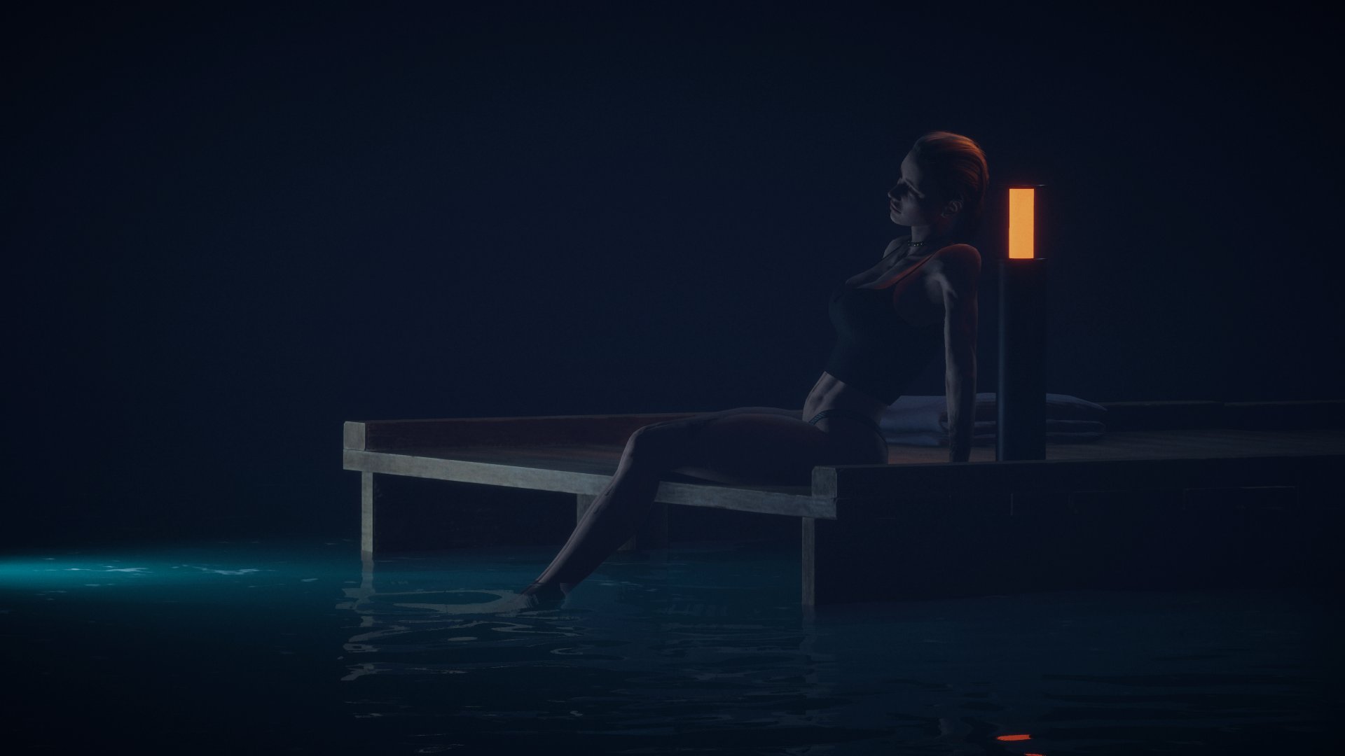 A figure alone on a dock at night